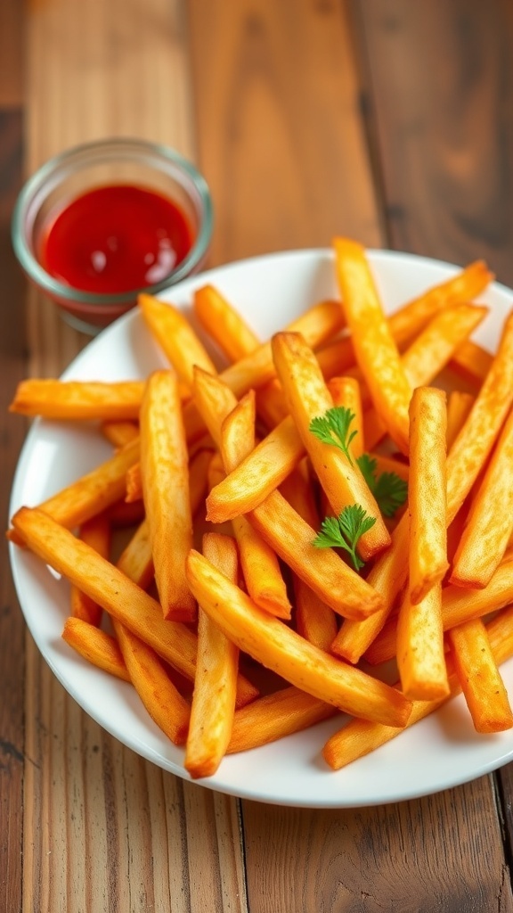 Crispy Air Fryer French Fries Recipe Crispy air fryer French fries garnished with parsley on a white plate, with a bowl of ketchup.